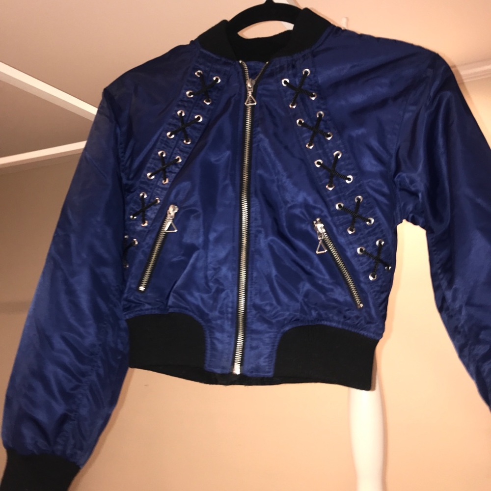 Nasty Gal Navy Cropped Bomber Jacket Size XXS